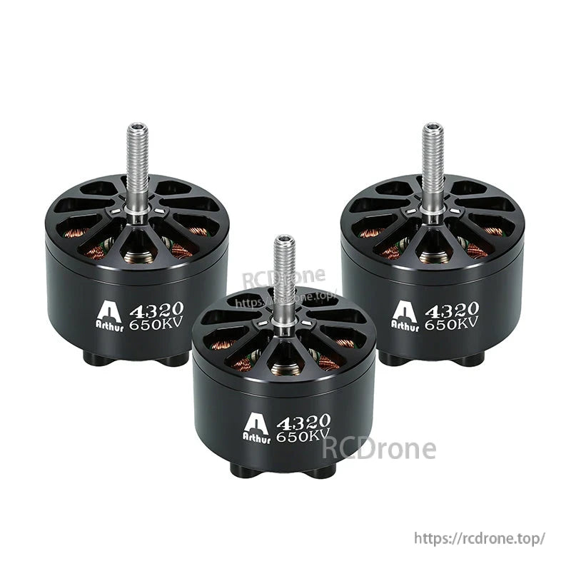 Three Flashhobby Arthur A4320 650KV brushless motors with black housings and threaded shafts