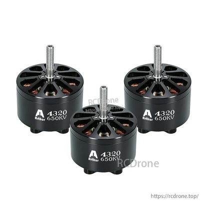 Three Flashhobby Arthur A4320 650KV brushless motors with black housings and threaded shafts