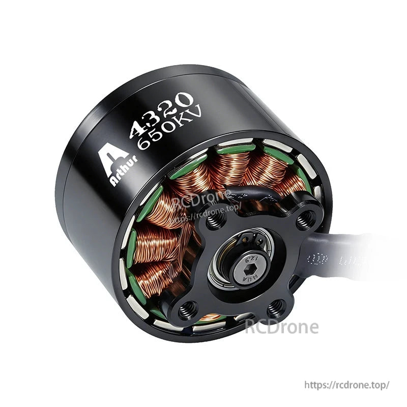 Flashhobby Arthur A4320 650KV brushless motor close-up with copper windings and black housing