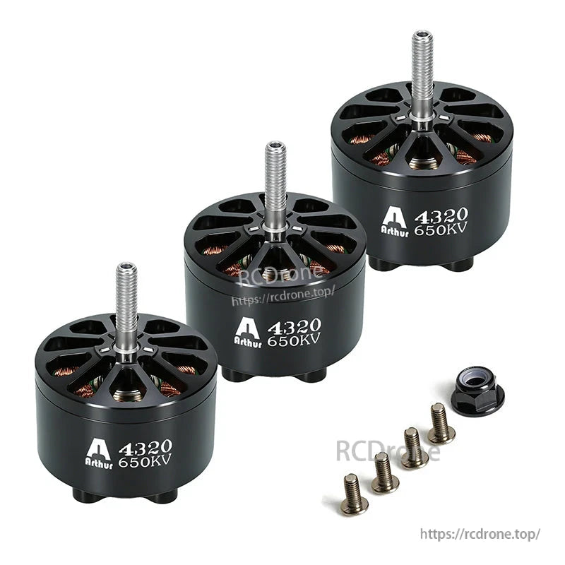 Flashhobby Arthur A4320 650KV brushless motors with threaded shafts, mounting screws, and lock nut