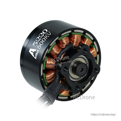 Flashhobby Arthur A5220 Brushless Motor, Flashhobby Arthur A5220 500KV brushless motor close-up with copper windings, front mount, and wiring leads