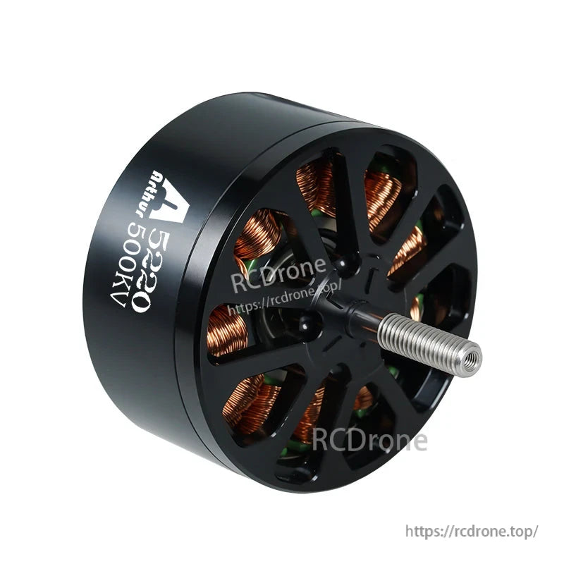 Flashhobby Arthur A5220 Brushless Motor, Flashhobby Arthur A5220 500KV brushless motor with black housing, visible copper windings and threaded shaft