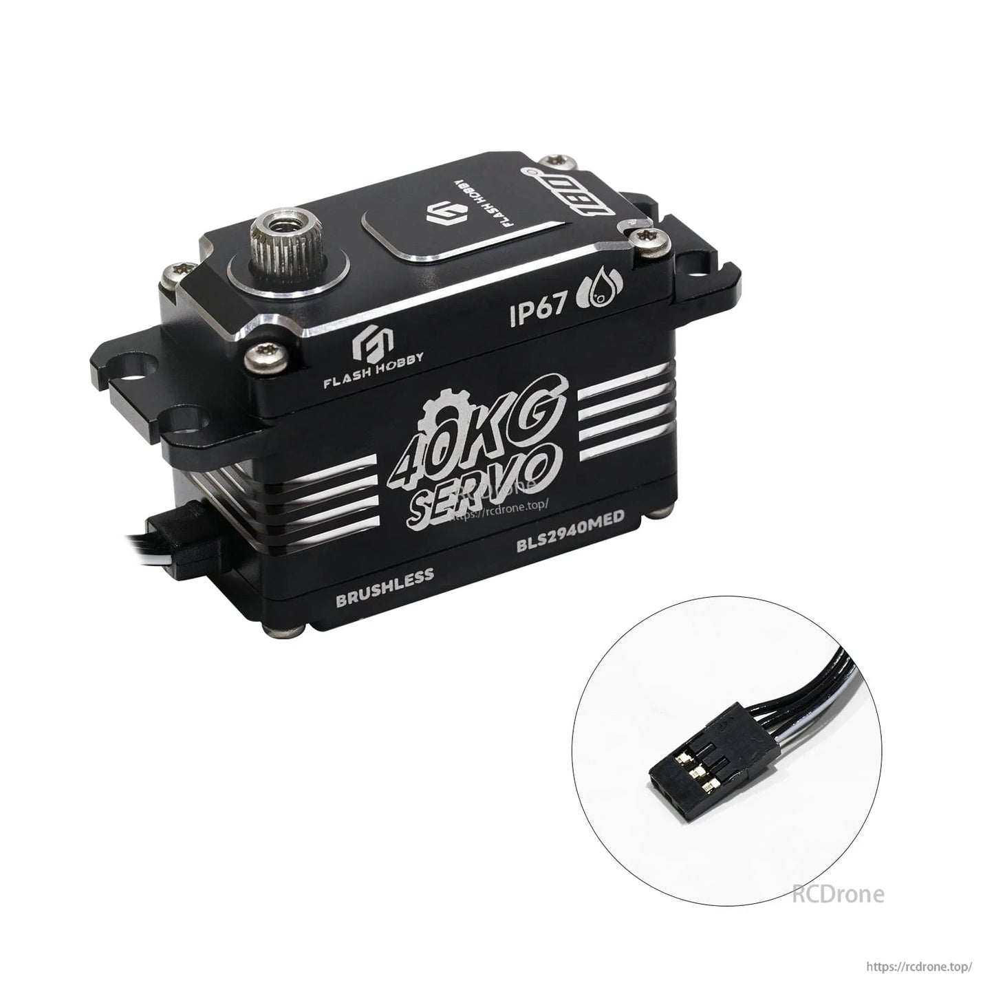 Flash Hobby BLS2940MED 40KG low-profile brushless digital servo with IP67 marking and 3-pin JR plug