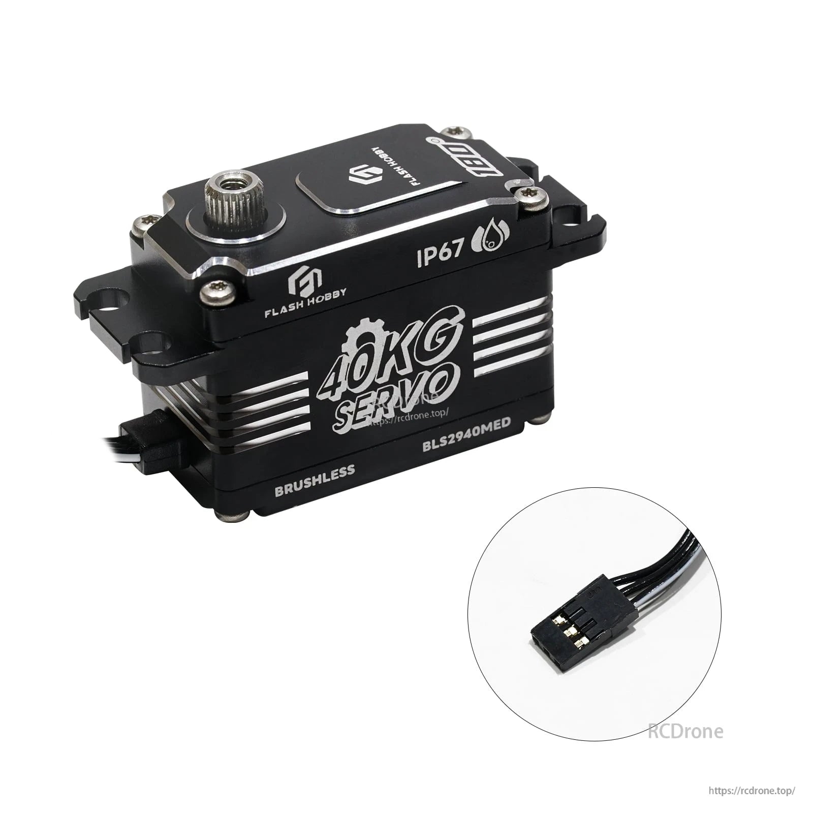 Flash Hobby BLS2940MED 40KG low-profile brushless digital servo with IP67 marking and 3-pin JR plug