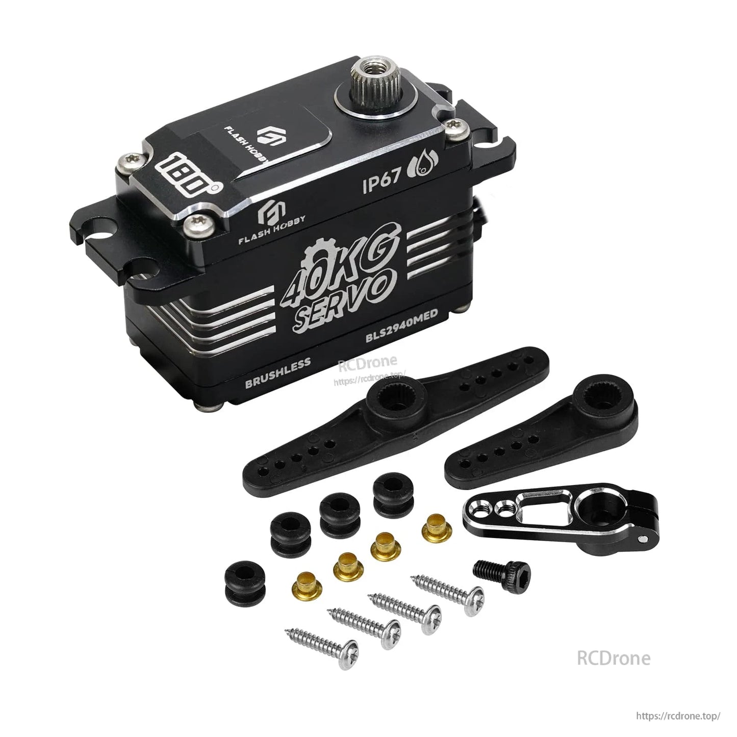 Flashhobby BLS2940MED low profile brushless digital servo marked IP67 and 40KG, with servo horns and mounting hardware