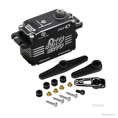 Flashhobby BLS2940MED low profile brushless digital servo marked IP67 and 40KG, with servo horns and mounting hardware