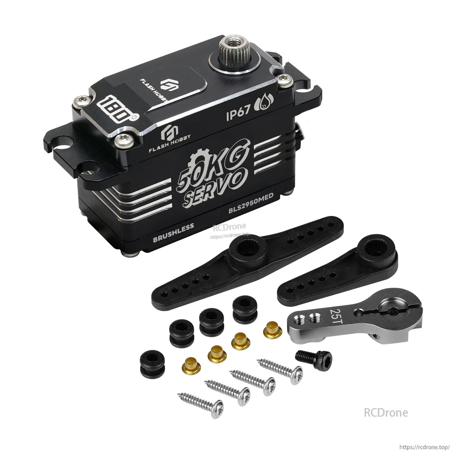 Flashhobby BLS2950MED 50KG low-profile brushless digital servo with IP67 case and 25T horn accessories