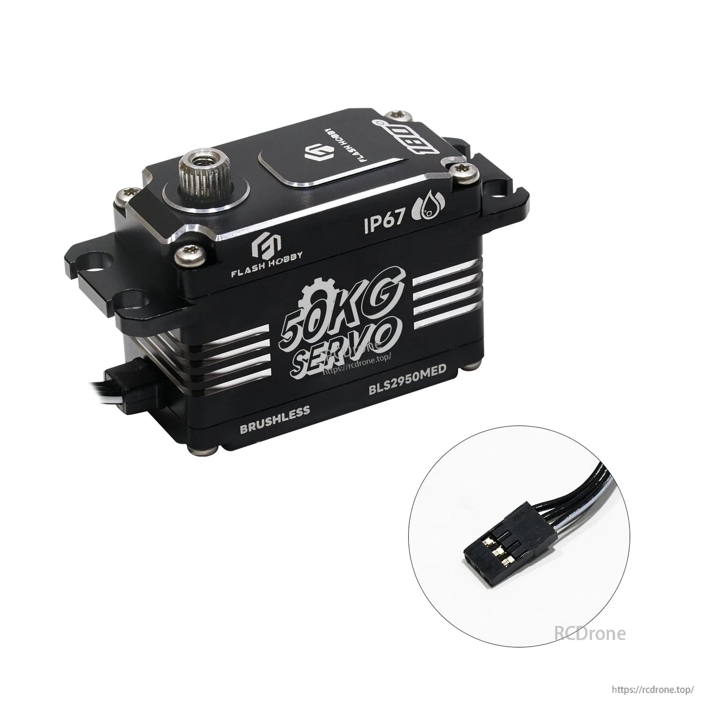Flashhobby BLS2950MED low-profile brushless digital servo with metal output spline, IP67 marking and 3-pin lead