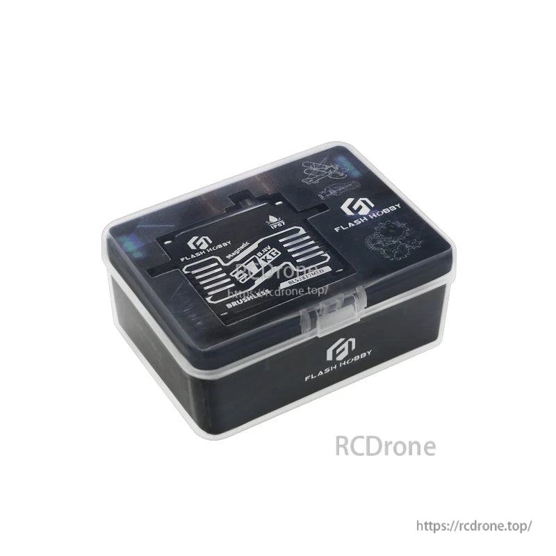 Flashhobby BLS3837MED Servo, Flashhobby BLS3837MED brushless servo in a clear-lid Flash Hobby plastic storage box with label
