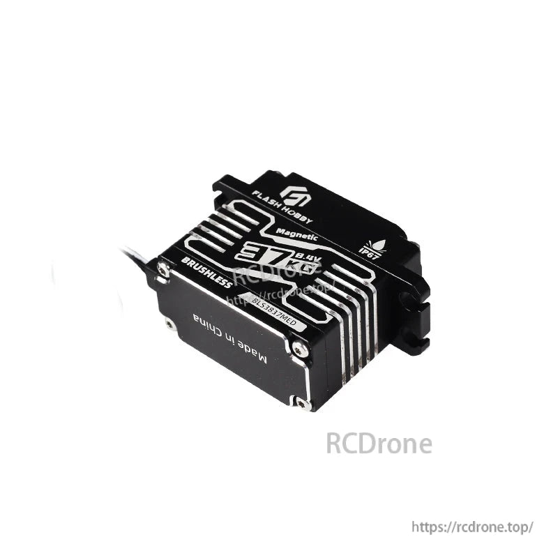 Flashhobby BLS3837MED Servo, Flashhobby BLS3837MED brushless servo with finned metal case, labeled “37 8.4V” and IP67