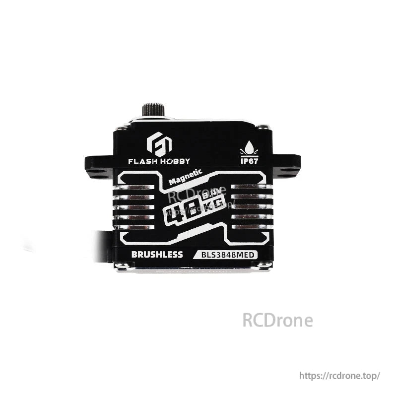 Flashhobby BLS3848MED brushless digital RC servo with IP67 marking and black aluminum case, 48KG label