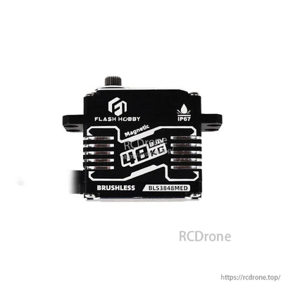Flashhobby BLS3848MED brushless digital RC servo with IP67 marking and black aluminum case, 48KG label