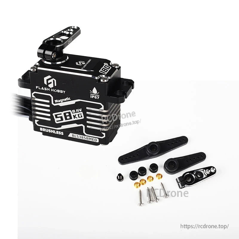 Flashhobby BLS3858MED 58kg 8.4V brushless digital servo with IP67 CNC case, servo horns and mounting hardware