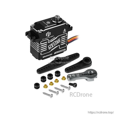 Flashhobby BLS4050MED HV brushless digital servo with 50kg label, IP67 marking, 25T horn, arms, and screws