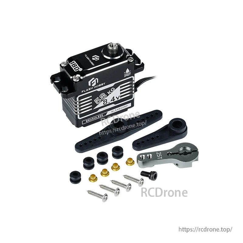Flashhobby BLS4058RP Servo, Flashhobby BLS4058RP brushless servo labeled 58kg 8.4V with 25T metal horn, servo arms, grommets and screws