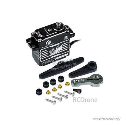 Flashhobby BLS4058RP Servo, Flashhobby BLS4058RP brushless servo labeled 58kg 8.4V with 25T metal horn, servo arms, grommets and screws