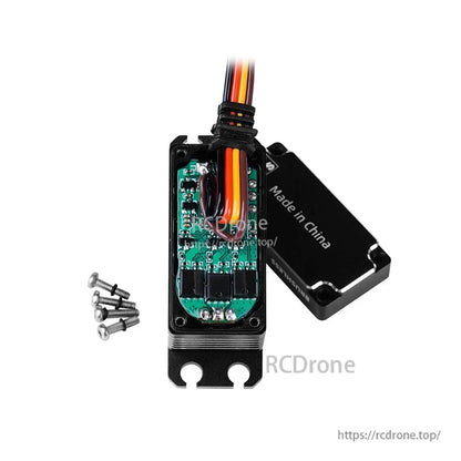 Flashhobby BLS4060MED servo with opened case showing internal PCB, 3-wire lead, metal cover and screws