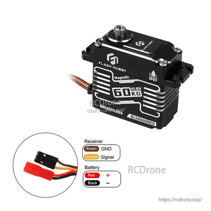 Flashhobby BLS4060MED Servo, Flashhobby BLS4060MED brushless RC servo with IP67 case, 60kg 14.8V label, and receiver/battery wiring colors