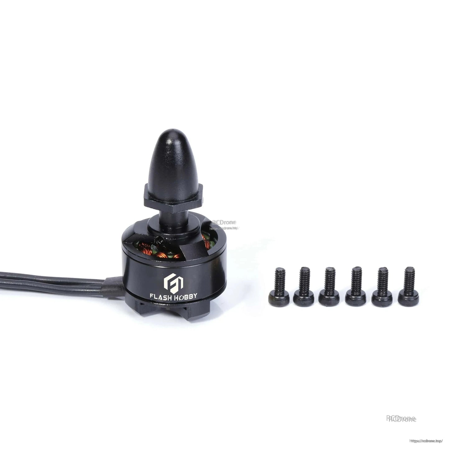Flashhobby BX1306 brushless DC motor with attached wires, prop adapter, and six mounting screws on white background