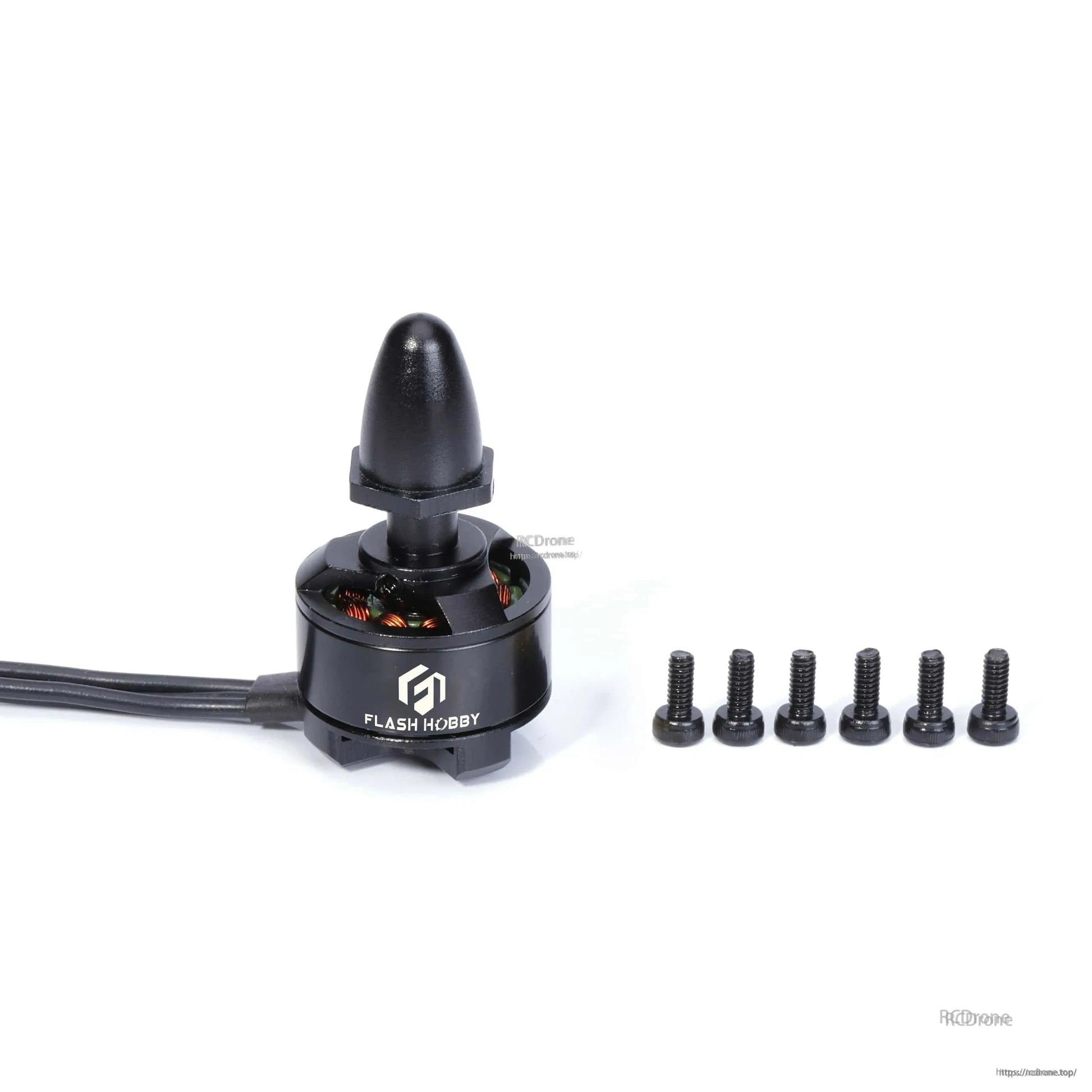 Flashhobby BX1306 brushless DC motor with attached wires, prop adapter, and six mounting screws on white background