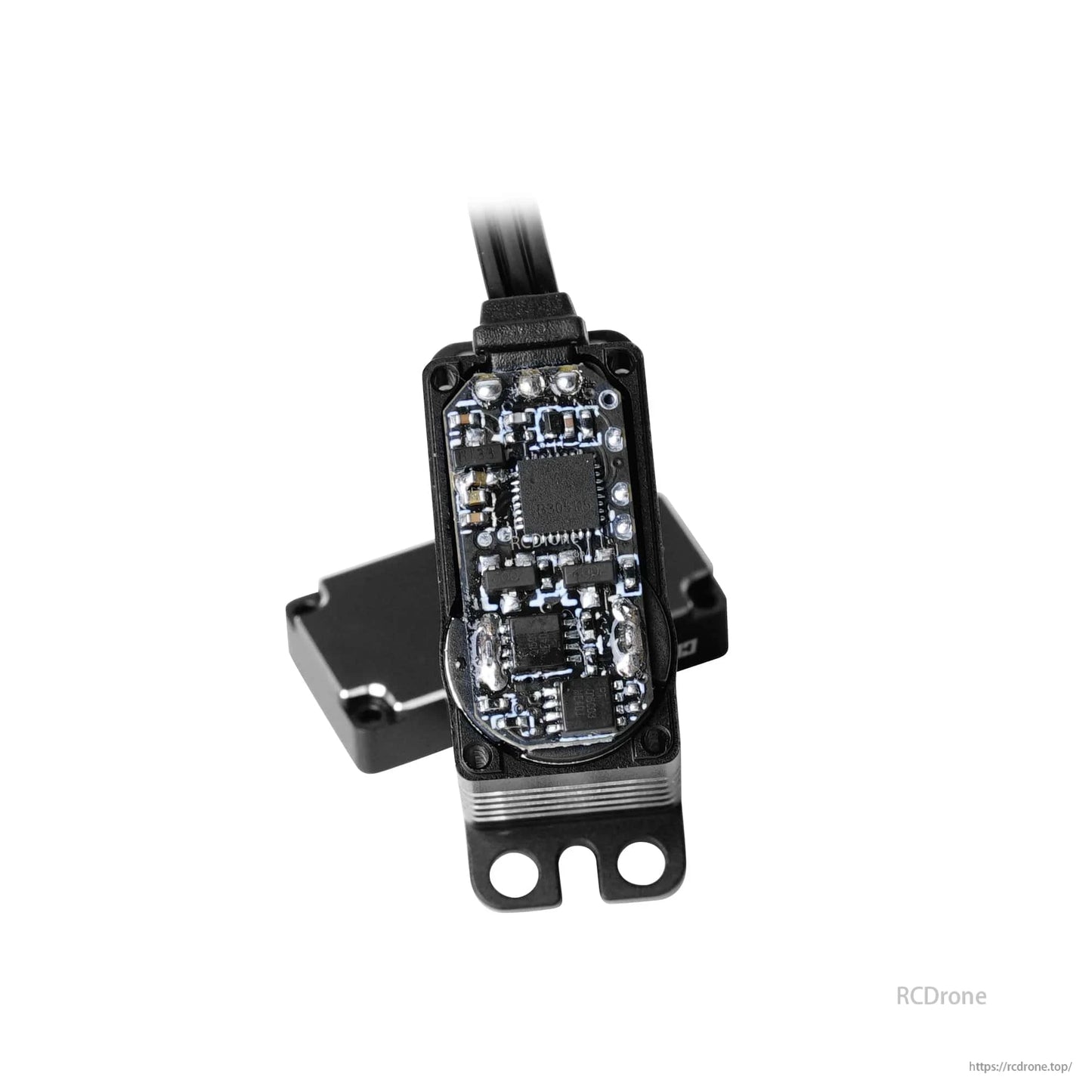 Flashhobby CLS1227RP coreless digital servo with aluminum case opened to show internal circuit board and lead wire