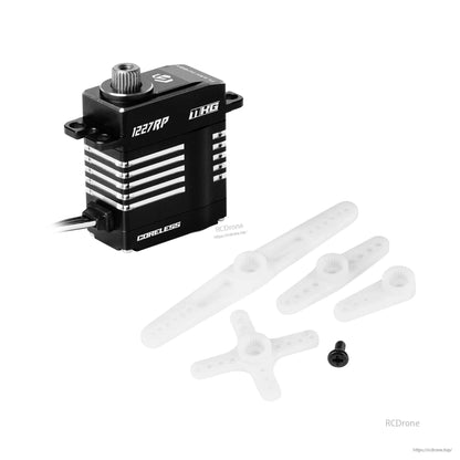 Flashhobby CLS1227RP V1 coreless digital servo with 25T spline output, lead wire, and white servo horns