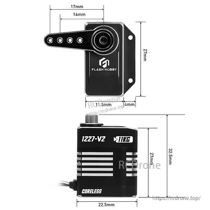 Flashhobby 1227-V2 coreless digital servo marked 11KG with servo horn and dimensional drawing (27mm, 22.5mm).