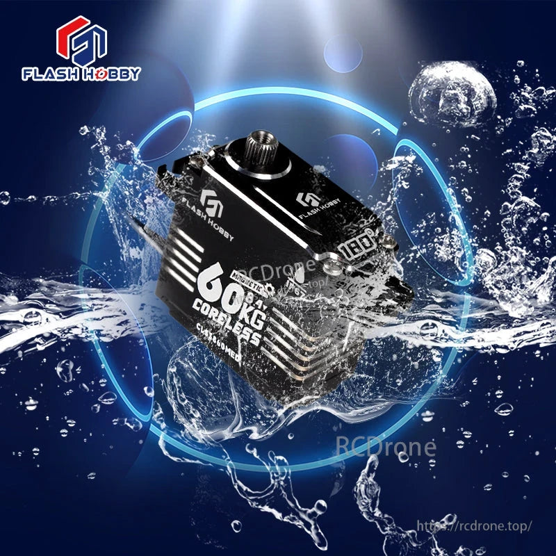 Flashhobby 60KG coreless digital servo with metal output spline, shown with water splash background