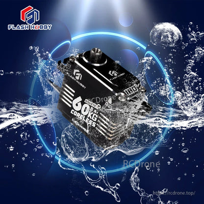 Flashhobby 60KG coreless digital servo with metal output spline, shown with water splash background