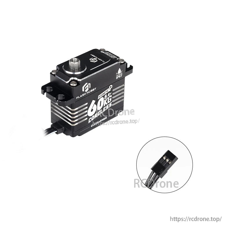 Flashhobby CLS3860MED metal digital servo with 60KG label, IP67 marking, and 3-wire receiver plug