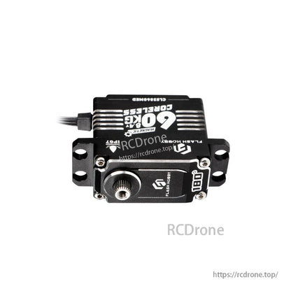Flashhobby 60kg coreless digital servo with metal case, side mounting tabs, and 25T output spline