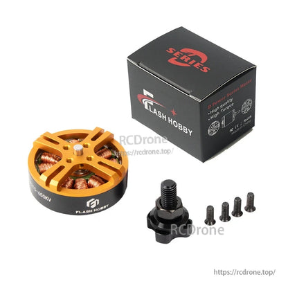 Flashhobby D4215 650KV brushless DC motor with gold top, mounting screws, and threaded prop adapter