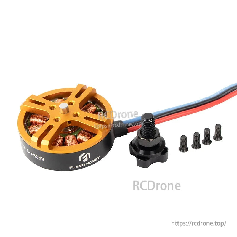 Flashhobby D4215 650KV brushless DC motor with gold top mount, red/black wires, prop adapter and screws