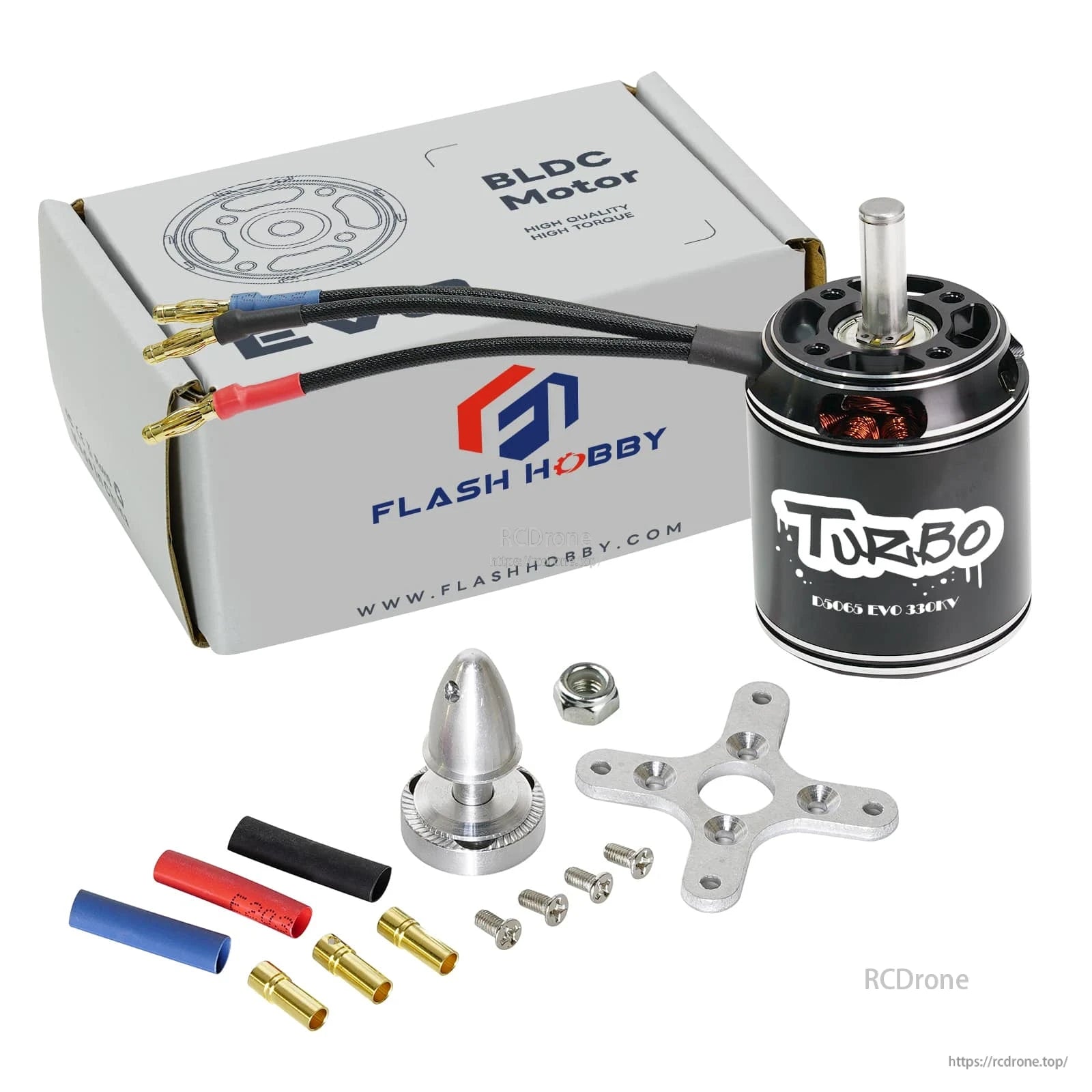 Flashhobby D5065 EVO 270KV Fixed Wing Motor, Flashhobby D5065 EVO Turbo BLDC motor with bullet leads, cross mount, prop adapter, screws, and box