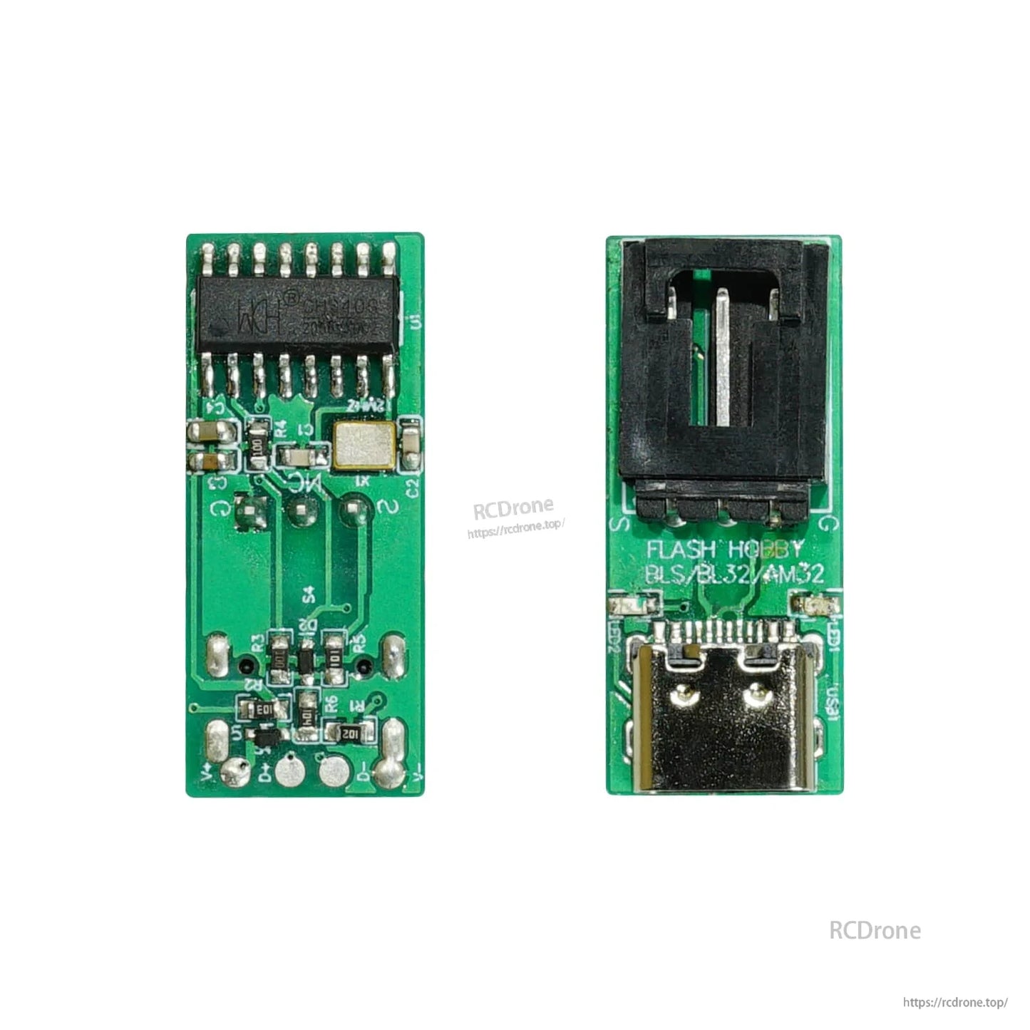 Flashhobby ESC USB linker programmer board with USB-C port and 3-pin header, labeled BLS/BL32/AM32