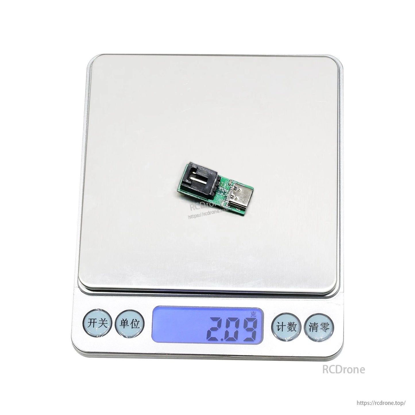 Flashhobby ESC USB linker programmer board with USB-C port and socket connector on a scale reading 2.09g