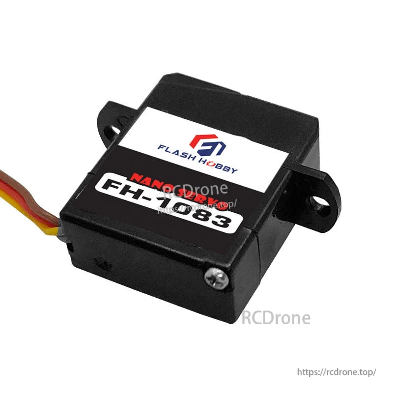 Flashhobby FH-1083 Micro Servo, Flashhobby nano micro servo with mounting tabs and 3-wire lead, labeled FH-7083 on the case