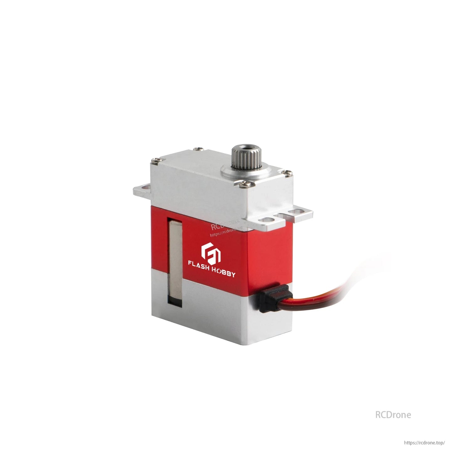 Flashhobby FH-2162 micro servo with red metal case, mounting tabs, output spline shaft, and 3-wire connector lead