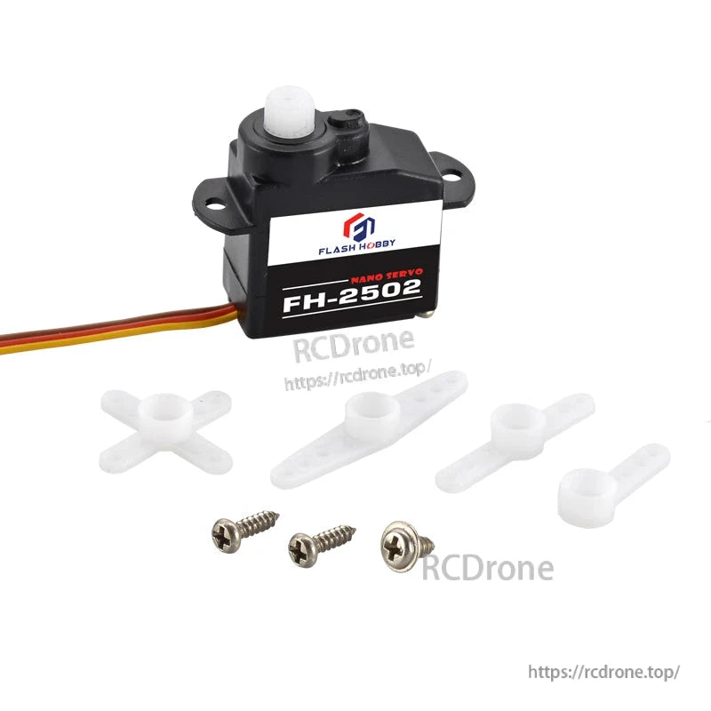 Flashhobby FH-2502 micro servo with 3-wire lead, white servo horns, and mounting screws