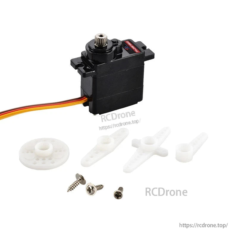 Flashhobby FH-9025MG micro servo with metal output spline, 3-wire lead, servo horns, and mounting screws