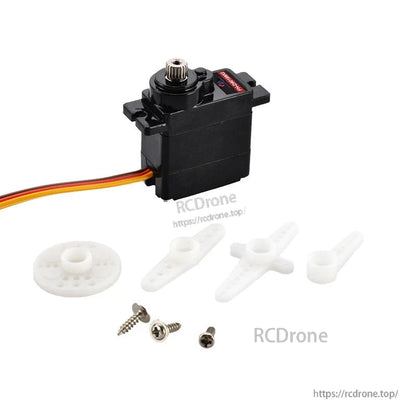 Flashhobby FH-9025MG micro servo with metal output spline, 3-wire lead, servo horns, and mounting screws