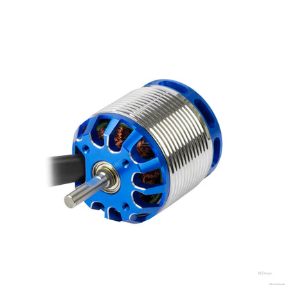 Flashhobby H600 550KV Helicopter Motor, Flashhobby H600 brushless helicopter motor with blue end cap, steel shaft, rear wires, and silver ribbed can