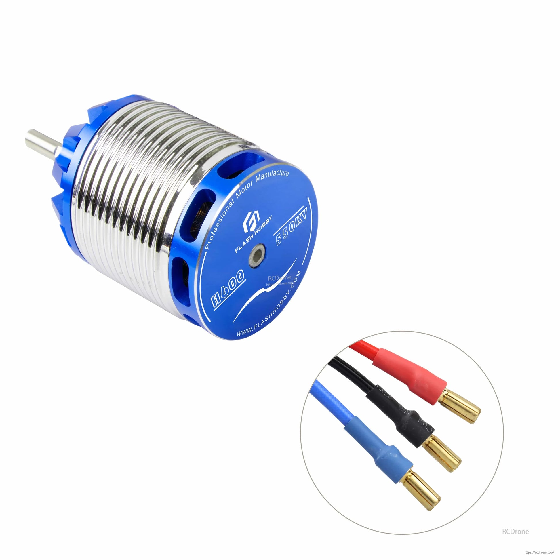 Flashhobby H600 550KV Helicopter Motor, Flashhobby H600 550KV helicopter brushless motor with blue end cap, metal can body, and bullet connectors