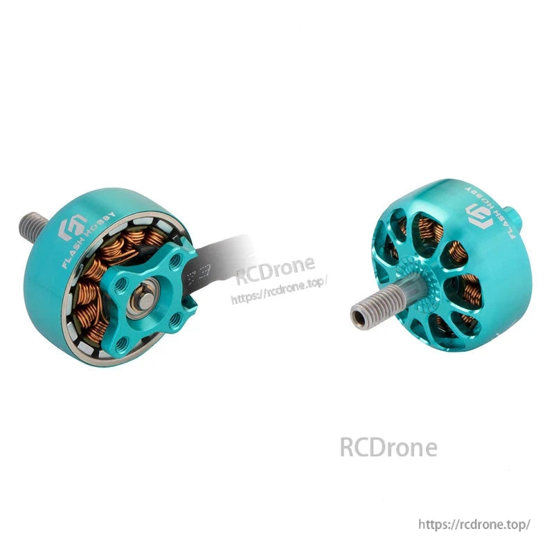 Flashhobby K2207.5 Brushless DC Motor, Flashhobby K2207.5 brushless DC drone motor in teal, showing copper windings and threaded shaft