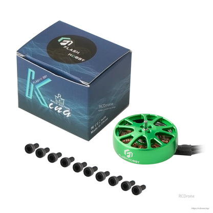 Flashhobby K2303 1750KV brushless motor in green with mounting screws and branded box