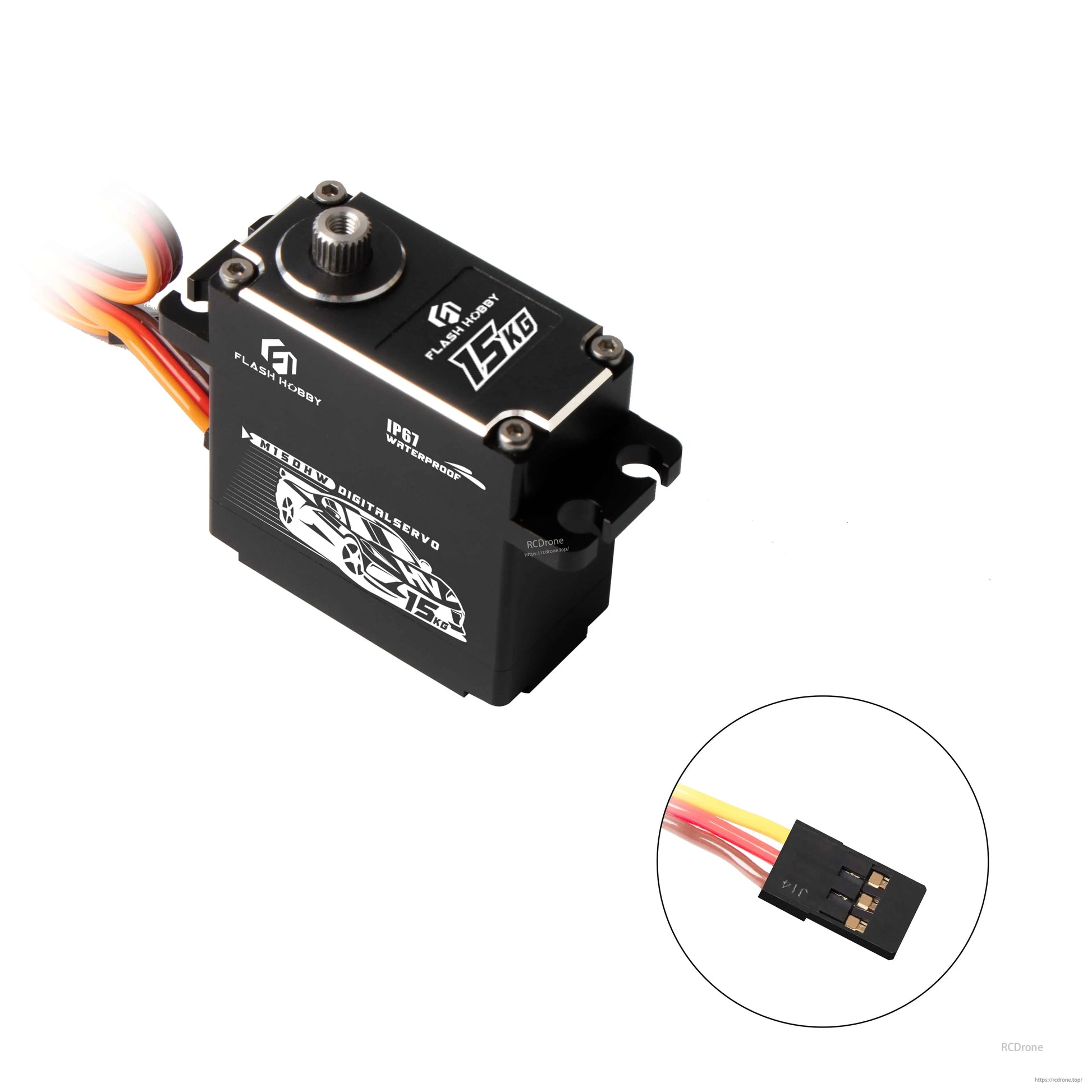 Flashhobby M15DHW Core Digital Servo, Flashhobby M15DHW digital servo with black metal case, 15kg marking, IP67 waterproof label, and 3-wire lead