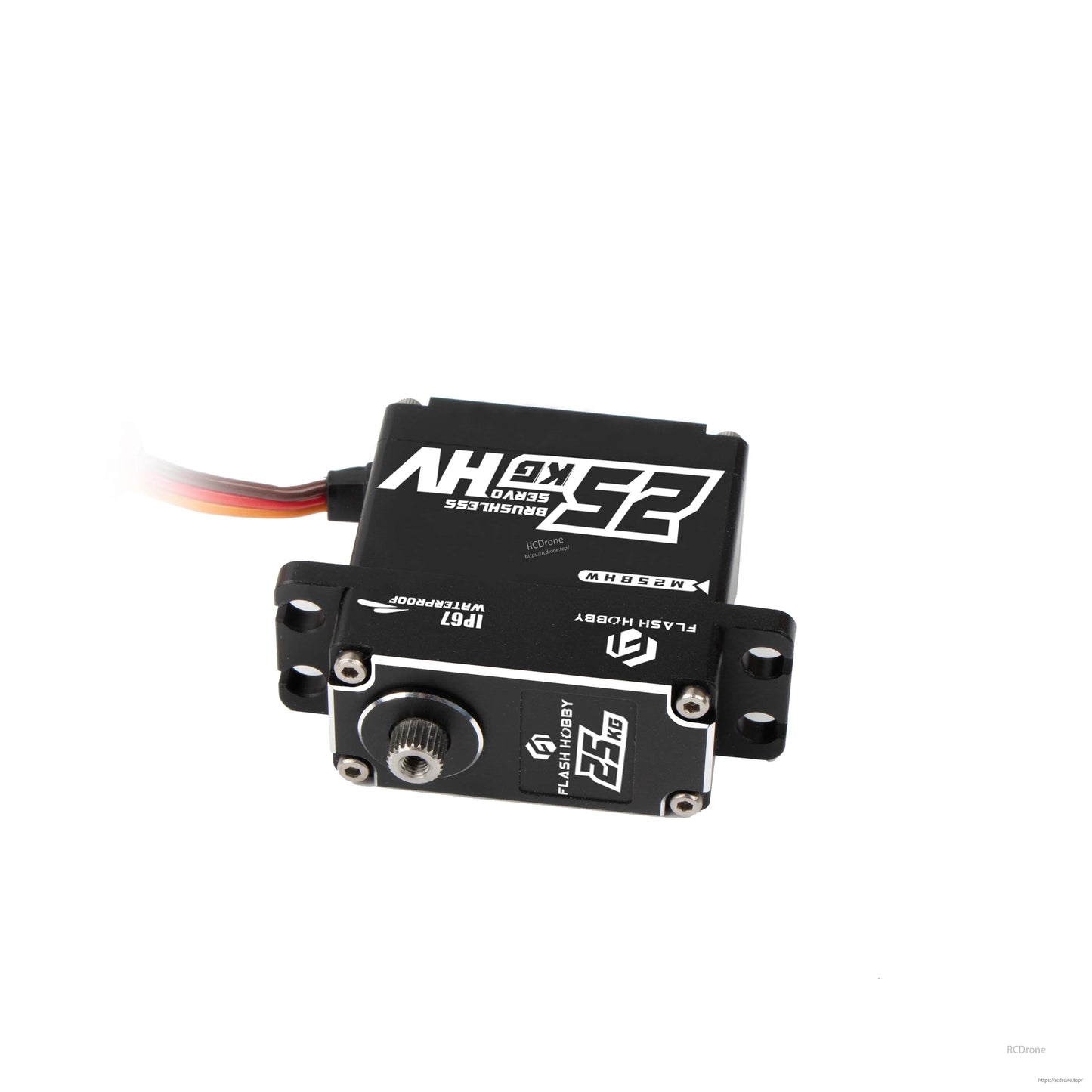 Flashhobby M25BHW brushless servo with 32kg label, IP67 waterproof case, and 3-wire lead