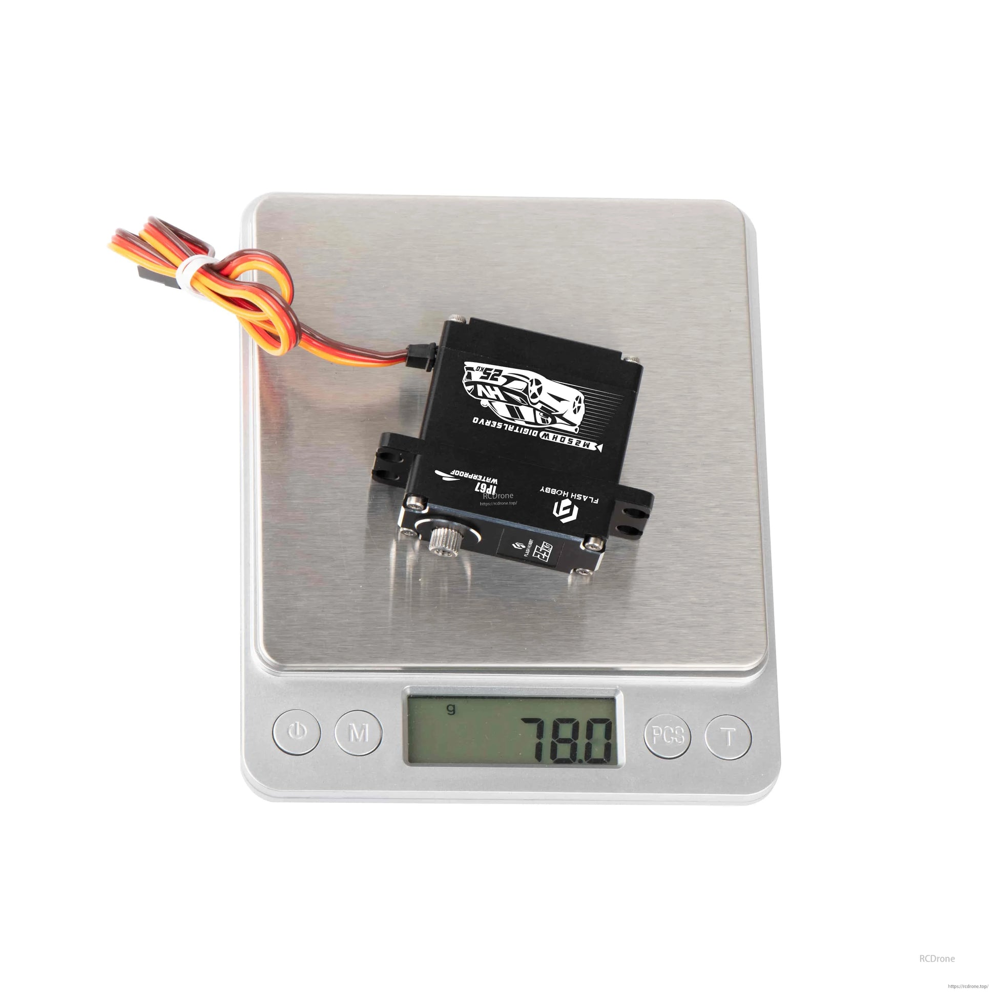 Flashhobby M25DHW digital servo with mounting tabs and 3-wire lead on a scale reading 78.0 g
