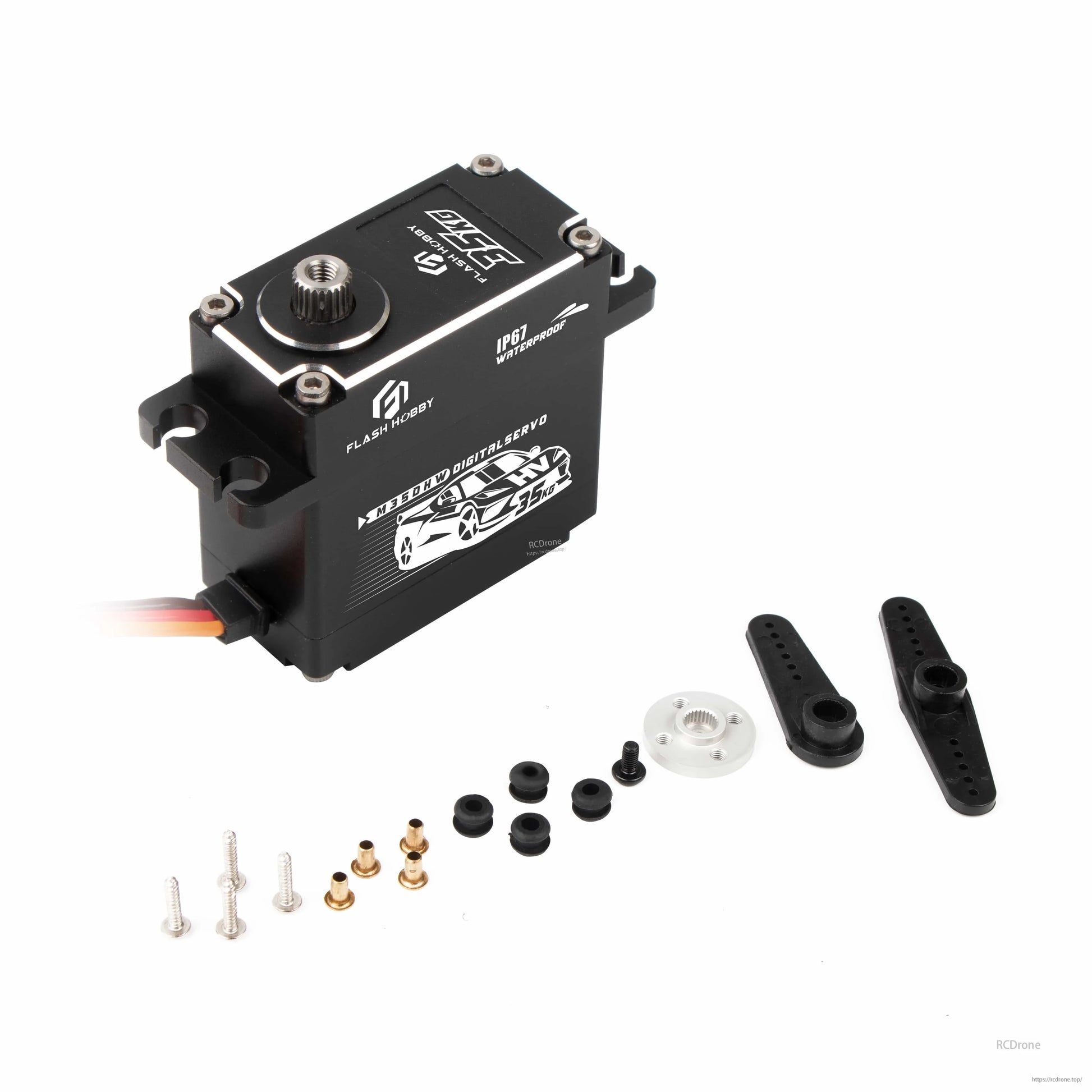 Flashhobby M35DHW digital servo with black metal case, IP67 marking, servo horns and mounting hardware included
