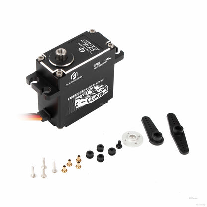 Flashhobby M35DHW digital servo with black metal case, IP67 marking, servo horns and mounting hardware included